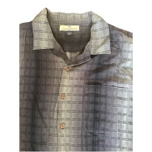 Vintage Tommy Bahama Shirt Mens Large S/S Button Down Silk Gray Checkered Pocket